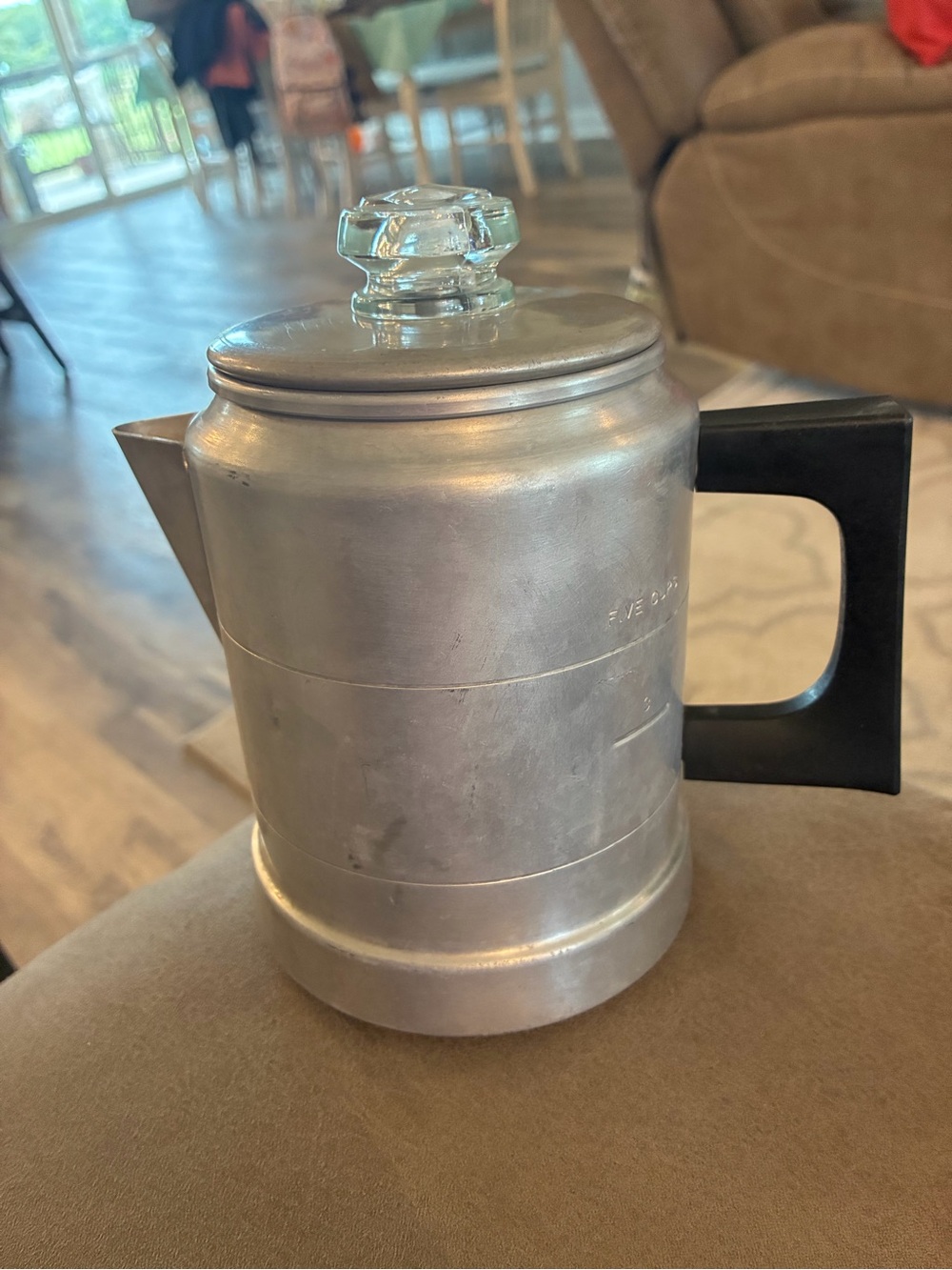 Vintage Aluminum Coffee Percolator with Glass Knob and Black Handle